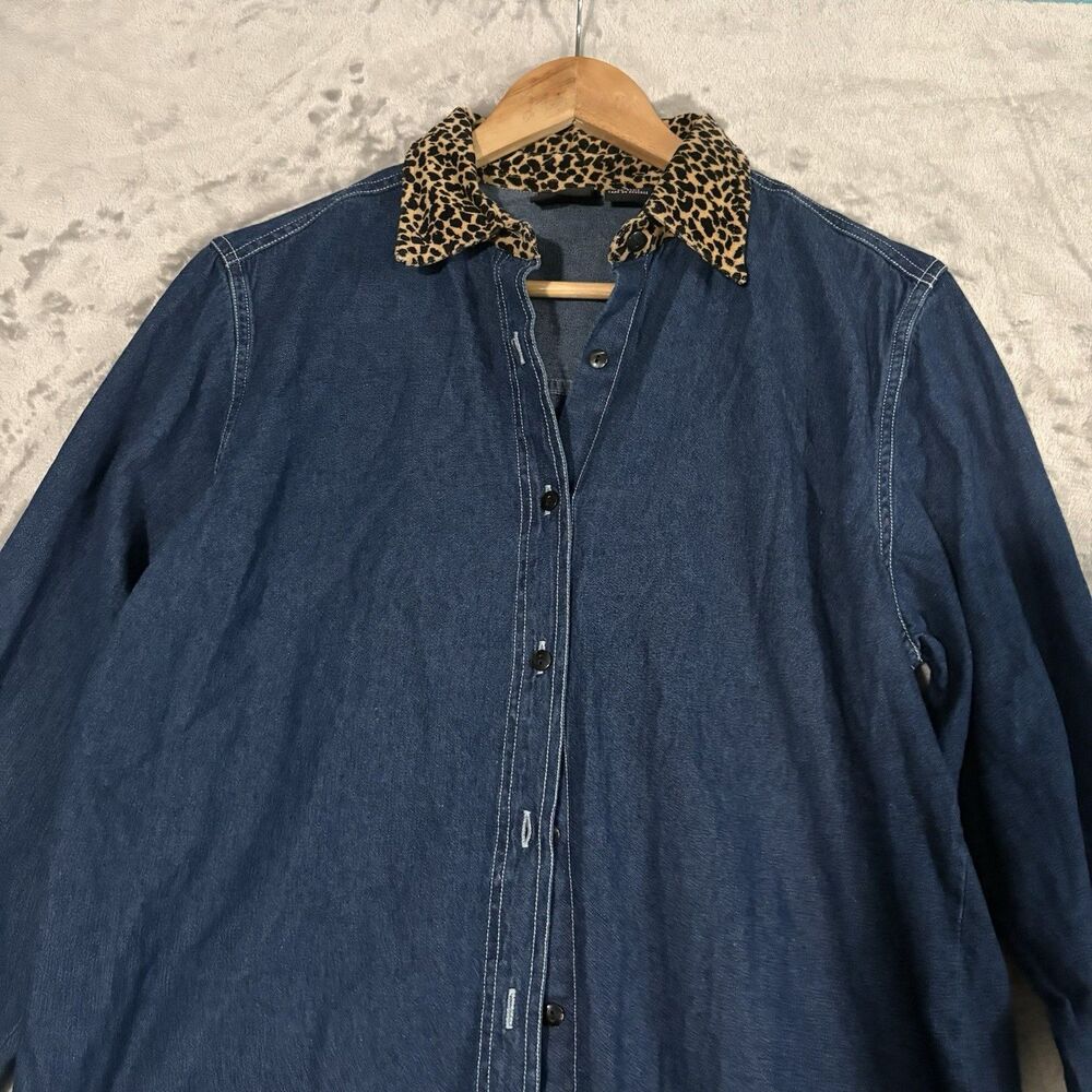 Quizz Again & Co. Denim Button Up M Blue Leopard Collar Animal Y2K Retro Indie